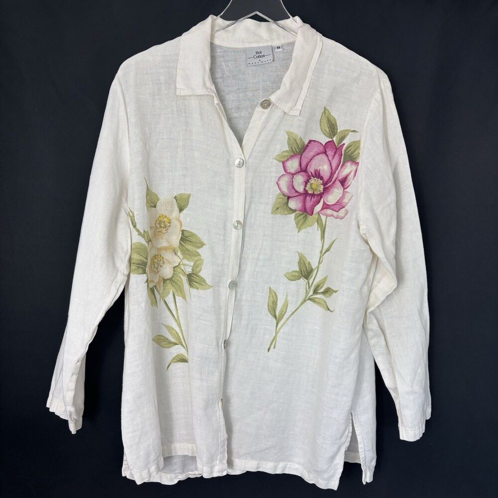 Hot Cotton Womens Tunic Shirt M 100% Linen Ivory Floral Roses Garden Cottage USA - Picture 3 of 16